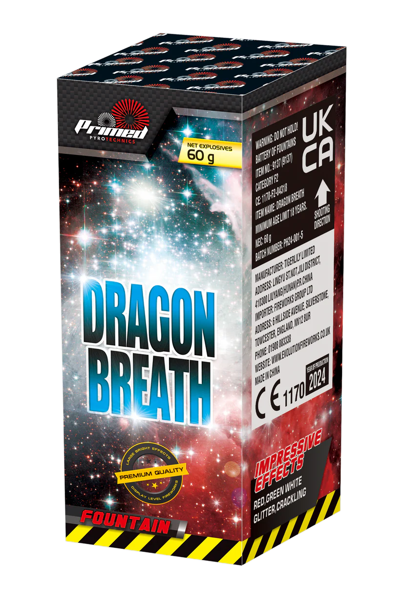 Box of Dragon Breath fountain firework with Primoed branding on a white background